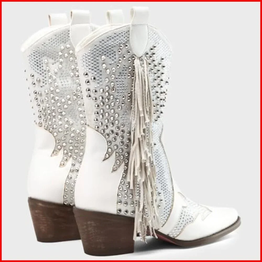 Pointed Toe Rhinestone Western Booties Chunky Heel Slip On Ankle Boots